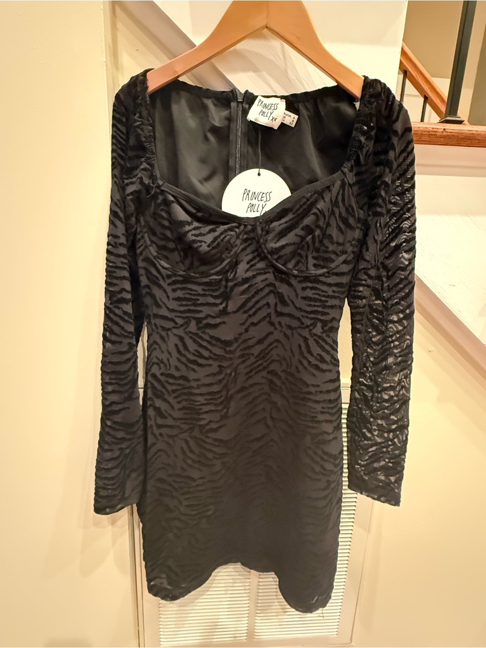 Princess Polly Black Velvet Zebra-Textured Long Sleeve Mini Dress. Size US 0